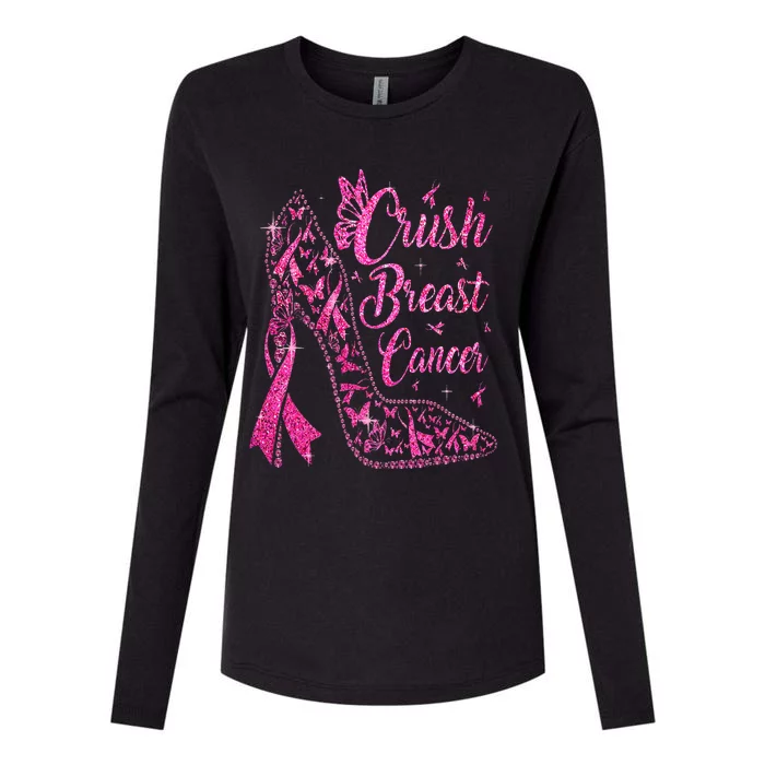 Crush Breast Cancer Awareness Bling Pink Ribbon Womens Cotton Relaxed Long Sleeve T-Shirt