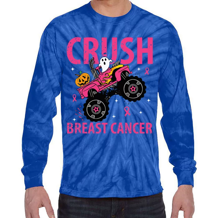 Crush Breast Cancer Awareness Monster Truck Halloween Tie-Dye Long Sleeve Shirt