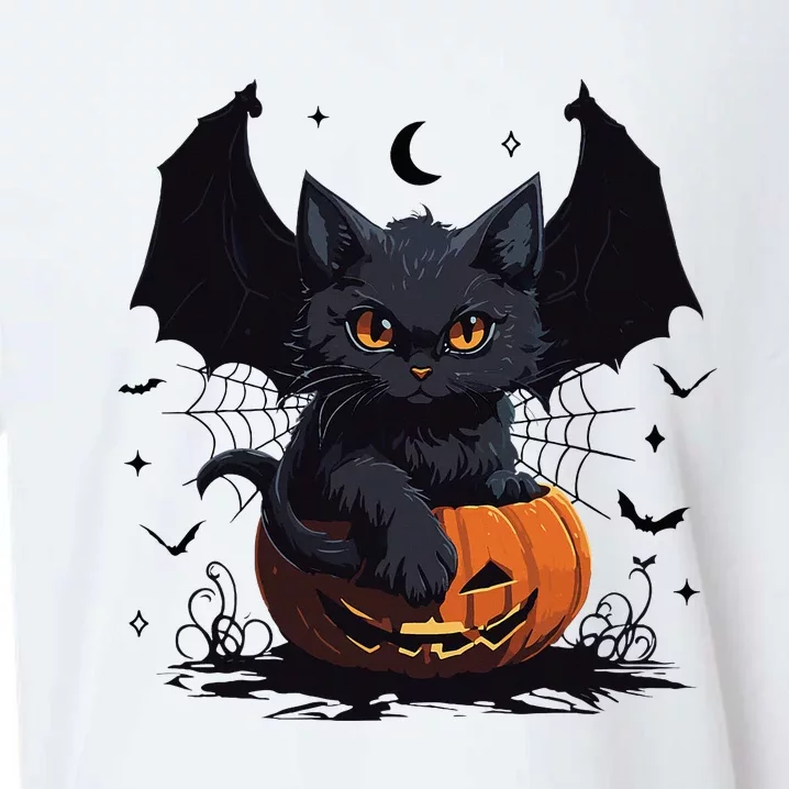 Cute Black Cat With Bat Wings Jack O Lantern Kitty Halloween Sueded Cloud Jersey T-Shirt