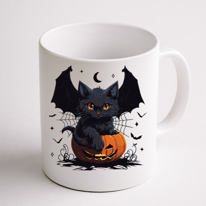 Cute Black Cat With Bat Wings Jack O Lantern Kitty Halloween Front & Back Coffee Mug