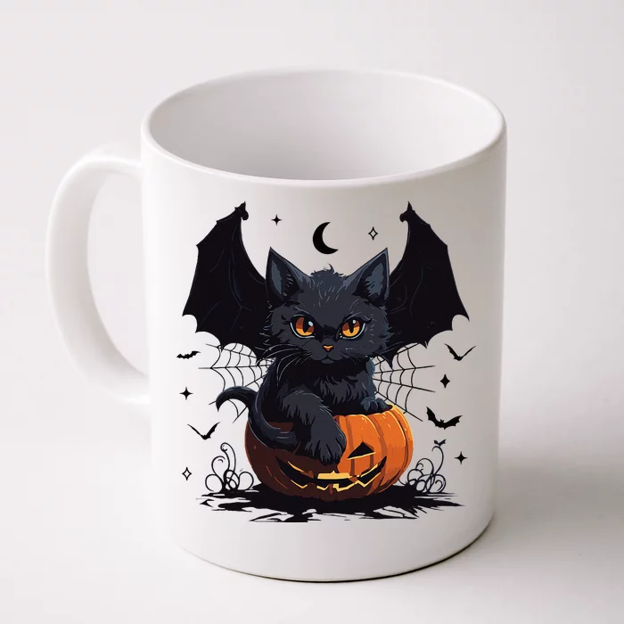 Cute Black Cat With Bat Wings Jack O Lantern Kitty Halloween Front & Back Coffee Mug