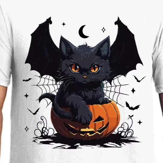 Cute Black Cat With Bat Wings Jack O Lantern Kitty Halloween Pajama Set