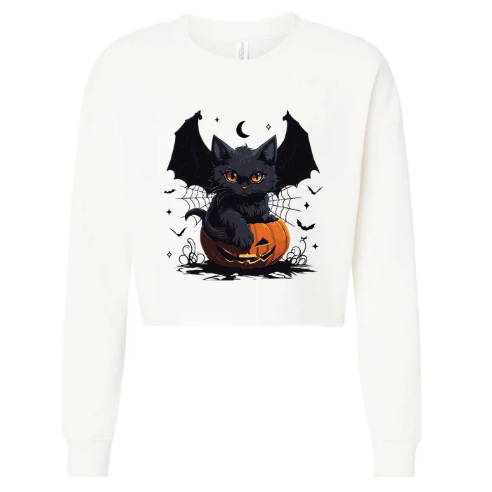 Cute Black Cat With Bat Wings Jack O Lantern Kitty Halloween Cropped Pullover Crew