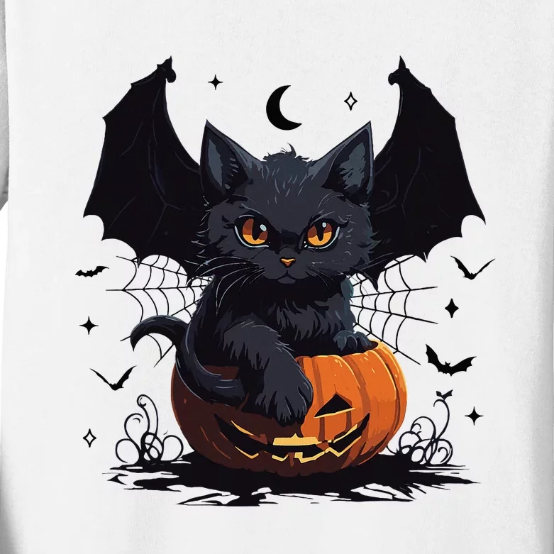 Cute Black Cat With Bat Wings Jack O Lantern Kitty Halloween Kids Long Sleeve Shirt