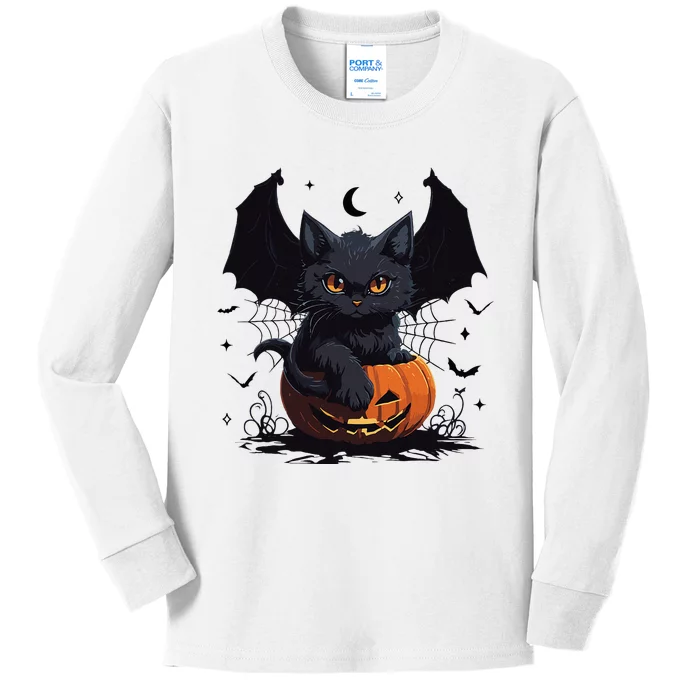 Cute Black Cat With Bat Wings Jack O Lantern Kitty Halloween Kids Long Sleeve Shirt