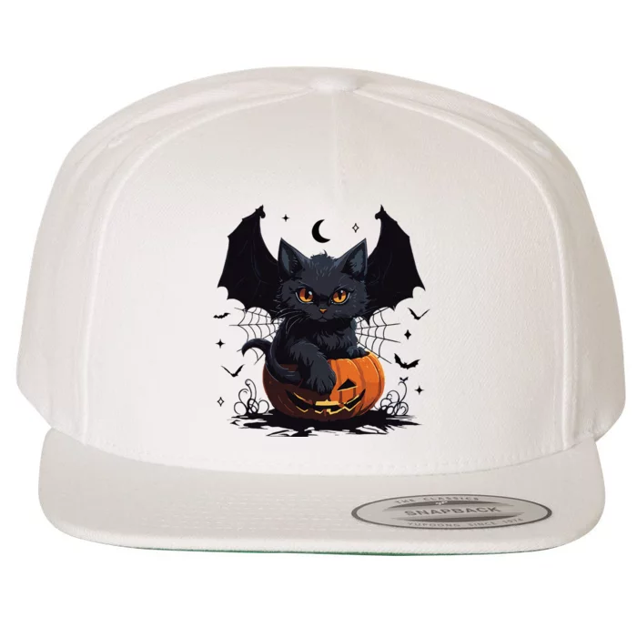 Cute Black Cat With Bat Wings Jack O Lantern Kitty Halloween Wool Snapback Cap