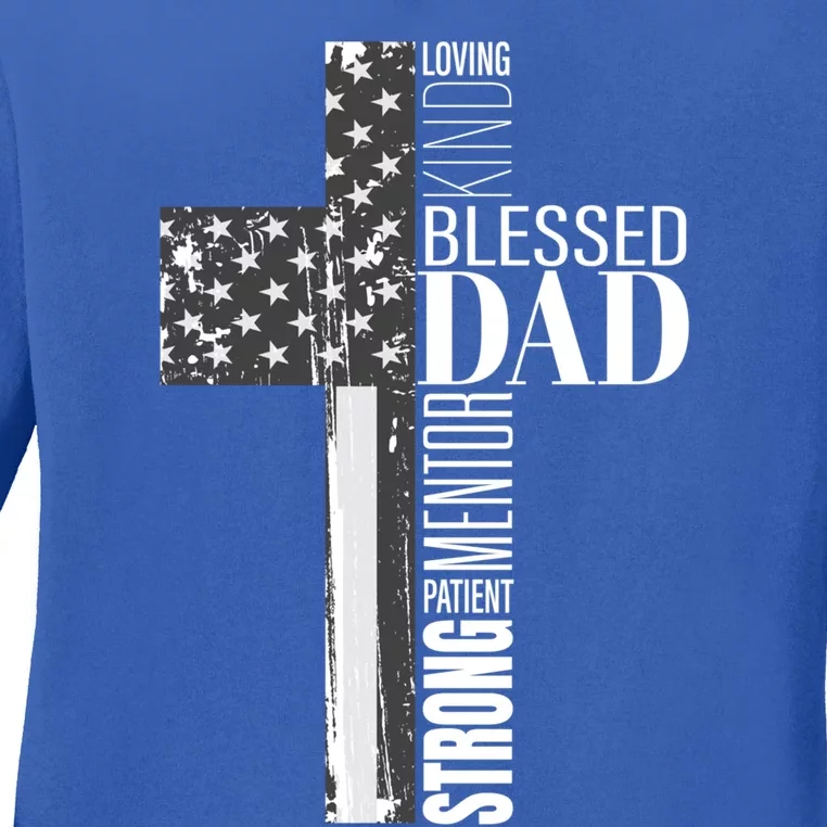 Christian Blessed Dad American Flag Religious Fathers Day Cool Gift Ladies Long Sleeve Shirt