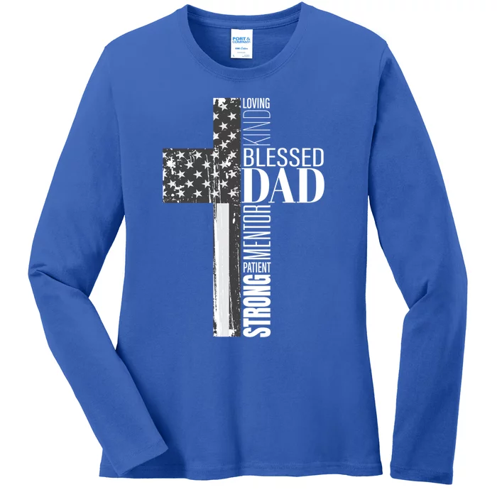 Christian Blessed Dad American Flag Religious Fathers Day Cool Gift Ladies Long Sleeve Shirt