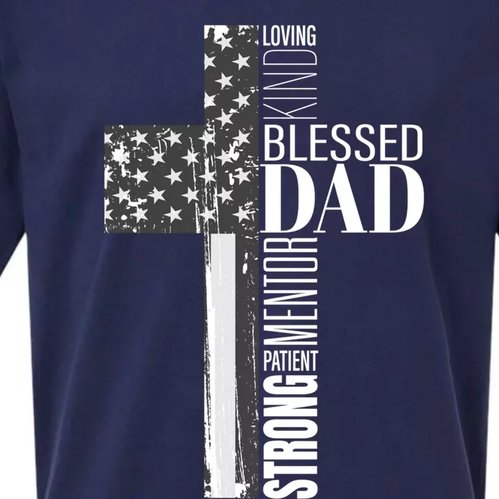 Christian Blessed Dad American Flag Religious Fathers Day Cool Gift Sueded Cloud Jersey T-Shirt