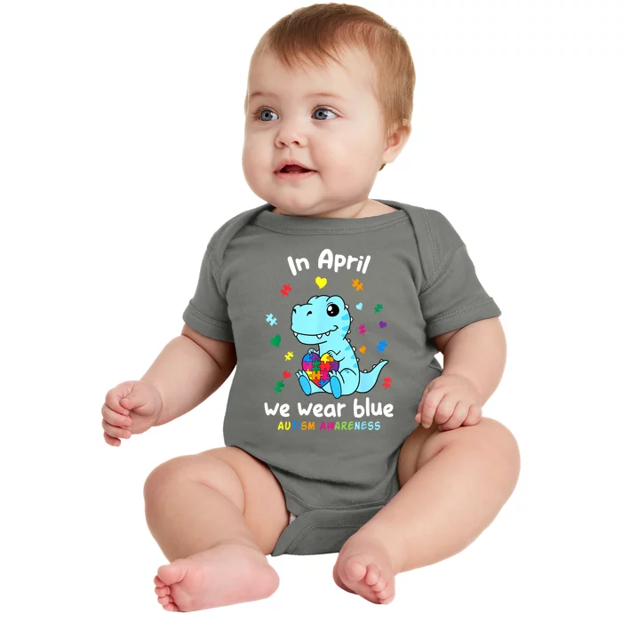 Cute Baby Dino Autism April We Wear Blue Autism Awareness Month Gift Baby Bodysuit