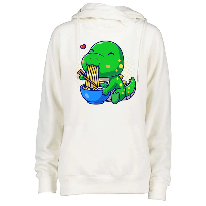 Cute Baby Dino Trex Eating Ramen Noodles Womens Funnel Neck Pullover Hood