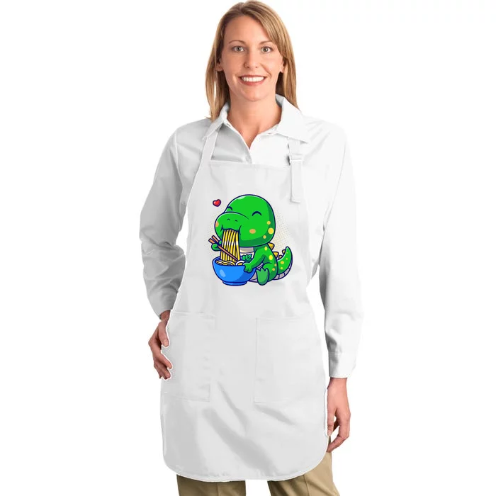 Cute Baby Dino Trex Eating Ramen Noodles Full-Length Apron With Pocket