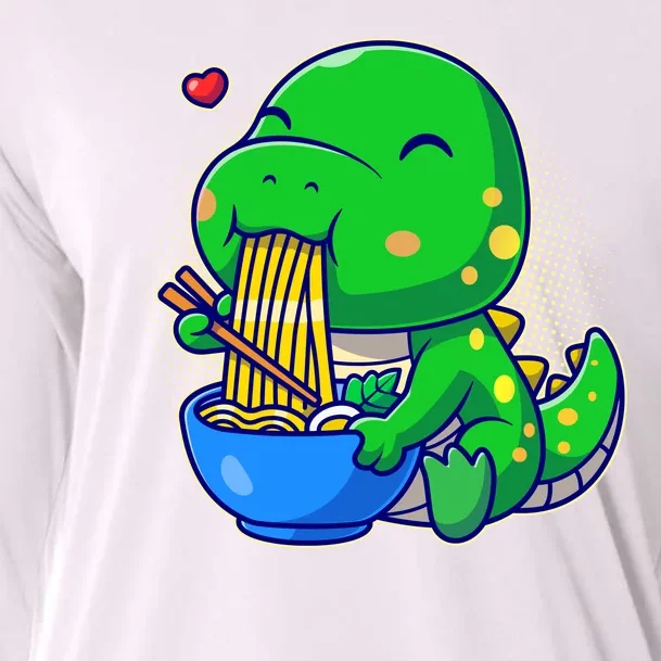 Cute Baby Dino Trex Eating Ramen Noodles Cooling Performance Long Sleeve Crew