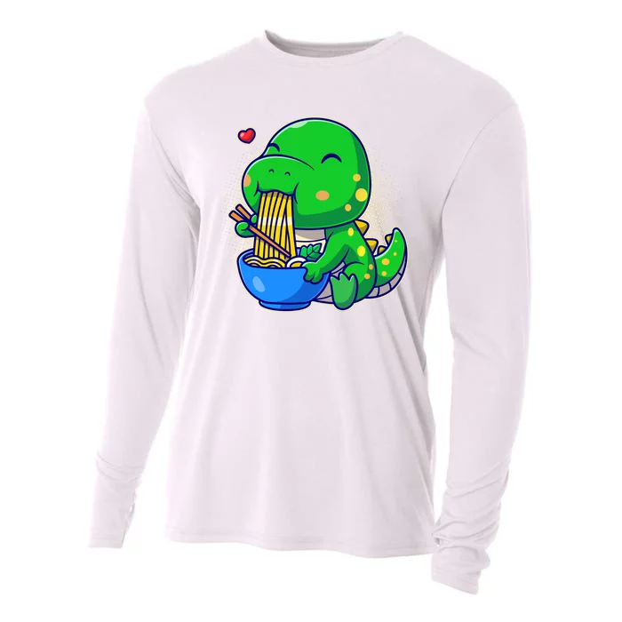 Cute Baby Dino Trex Eating Ramen Noodles Cooling Performance Long Sleeve Crew