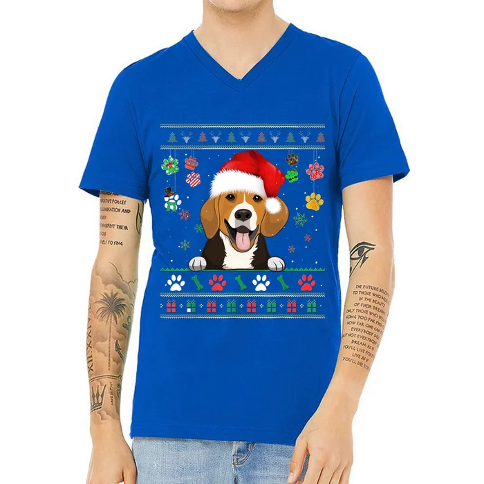 Cute Beagle Dog Xmas Santa Funny Ugly Christmas Gift V-Neck T-Shirt