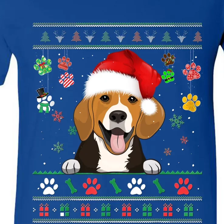 Cute Beagle Dog Xmas Santa Funny Ugly Christmas Gift V-Neck T-Shirt