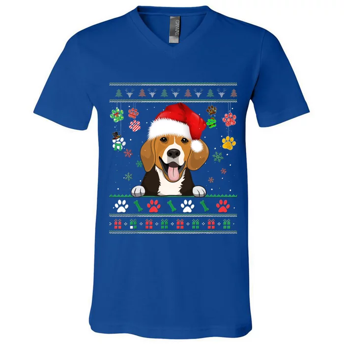 Cute Beagle Dog Xmas Santa Funny Ugly Christmas Gift V-Neck T-Shirt