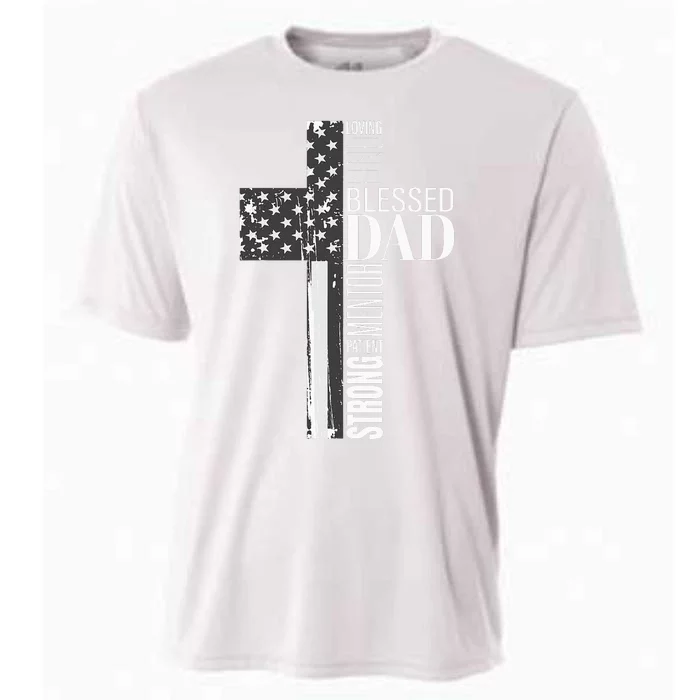 Christian Blessed Dad American Flag Religious Fathers Day Cooling Performance Crew T-Shirt