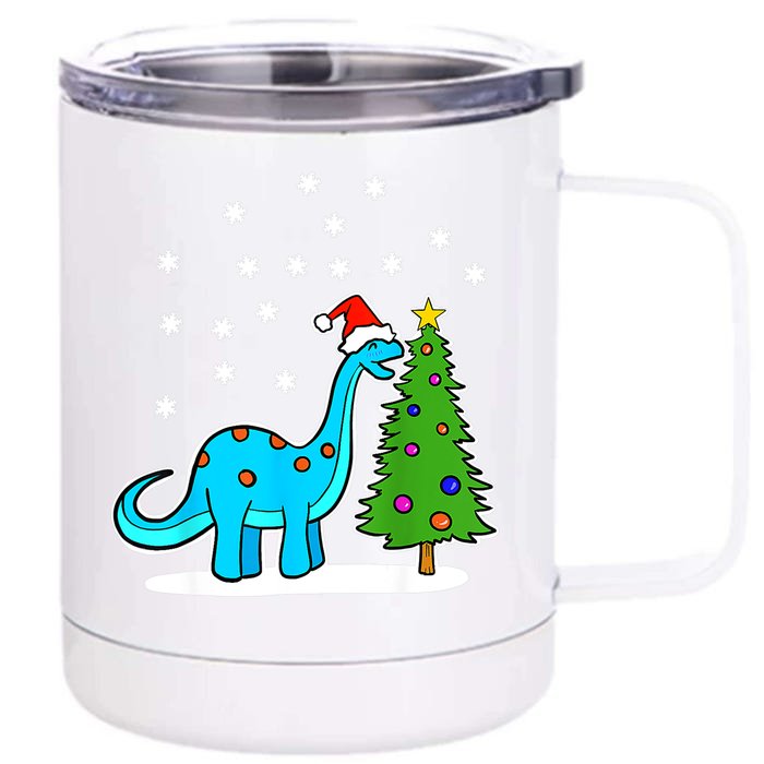 Christmas Brachiosaurus Dinosaur Eating A Christmas Tree Front & Back 12oz Stainless Steel Tumbler Cup