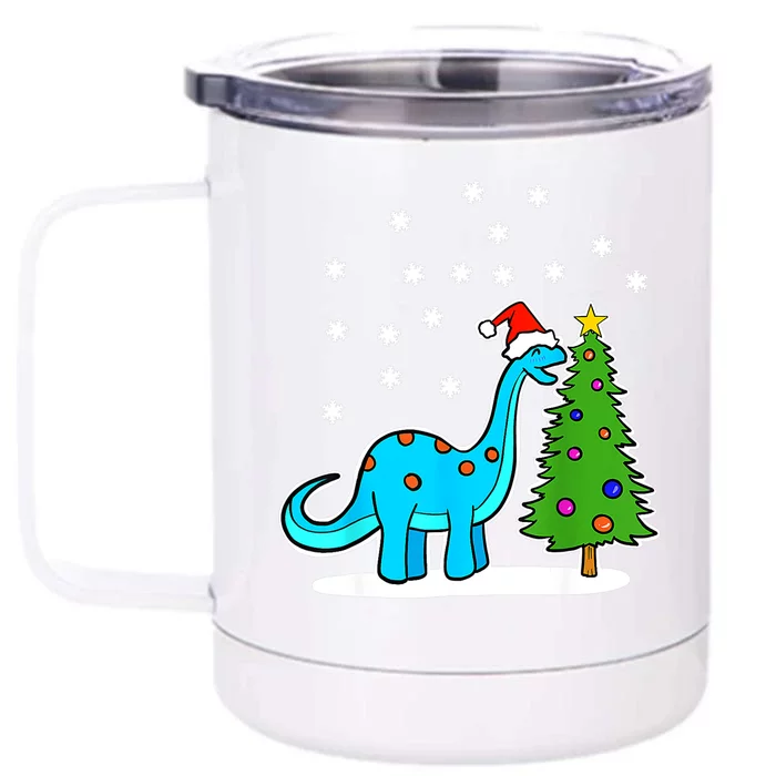 Christmas Brachiosaurus Dinosaur Eating A Christmas Tree Front & Back 12oz Stainless Steel Tumbler Cup