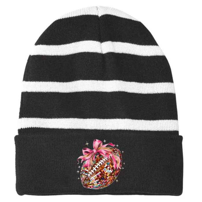 Coquette Bow Disco Funny Football Game Day Touchdown Season Striped Beanie with Solid Band