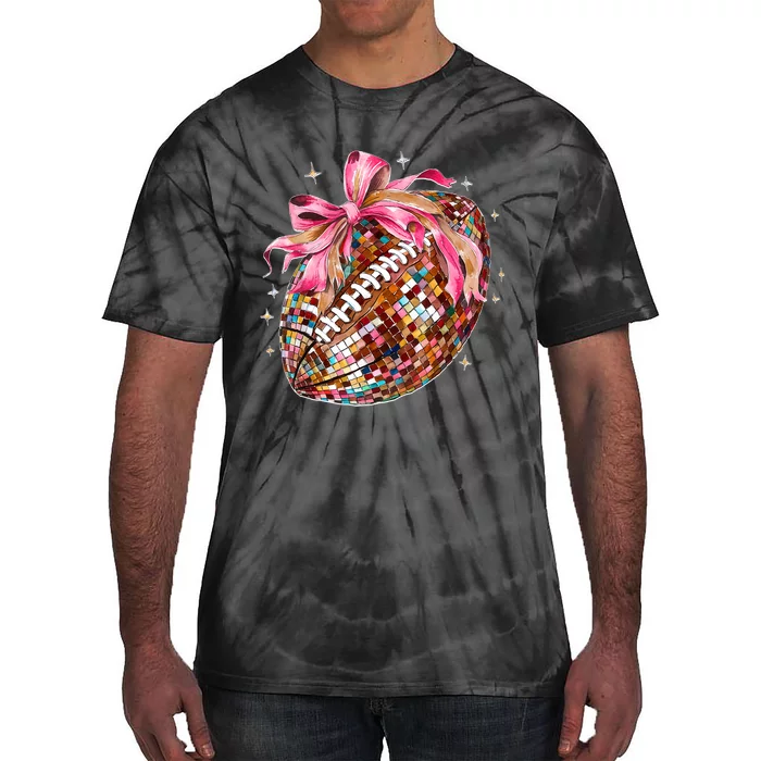 Coquette Bow Disco Funny Football Game Day Touchdown Season Tie-Dye T-Shirt