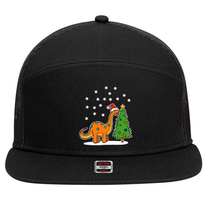 Christmas Brachiosaurus Dinosaur eating a Christmas Tree 7 Panel Mesh Trucker Snapback Hat