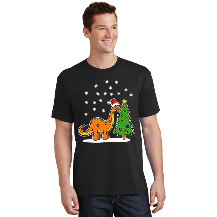 Christmas Brachiosaurus Dinosaur eating a Christmas Tree T-Shirt