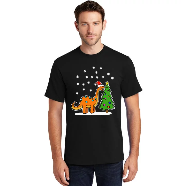 Christmas Brachiosaurus Dinosaur eating a Christmas Tree Tall T-Shirt