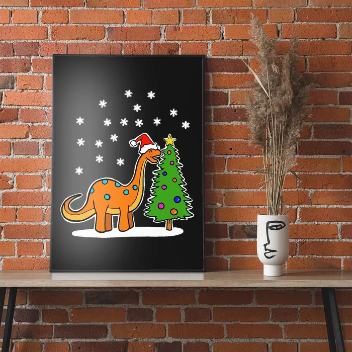 Christmas Brachiosaurus Dinosaur eating a Christmas Tree Poster