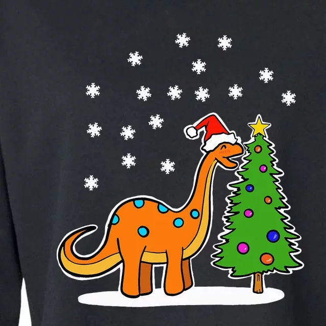 Christmas Brachiosaurus Dinosaur eating a Christmas Tree Cropped Pullover Crew