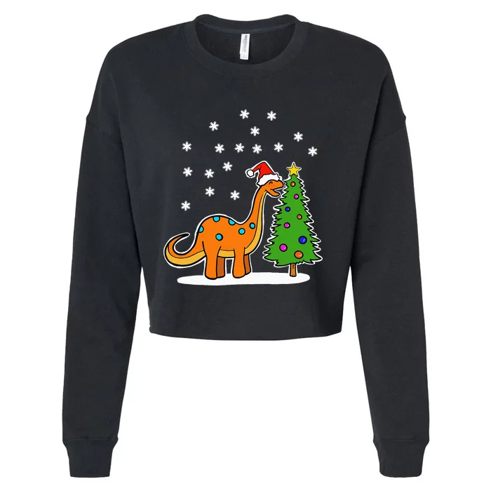 Christmas Brachiosaurus Dinosaur eating a Christmas Tree Cropped Pullover Crew