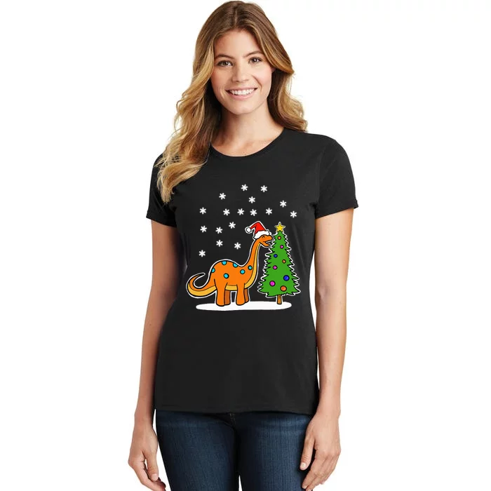 Christmas Brachiosaurus Dinosaur eating a Christmas Tree Women's T-Shirt