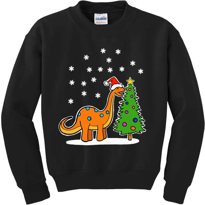 Christmas Brachiosaurus Dinosaur eating a Christmas Tree Kids Sweatshirt