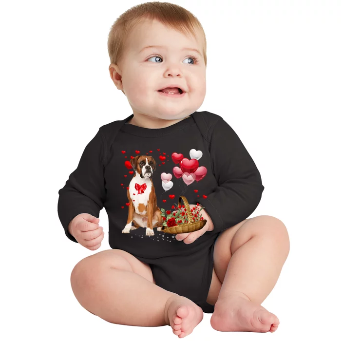 Cute Boxer Dog Balloon Heart ValentineS Day Valentine Baby Long Sleeve Bodysuit