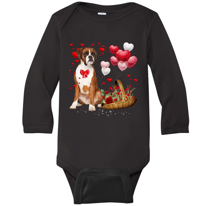 Cute Boxer Dog Balloon Heart ValentineS Day Valentine Baby Long Sleeve Bodysuit