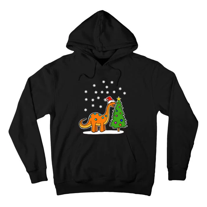 Christmas Brachiosaurus Dinosaur Eating A Christmas Tree Tall Hoodie