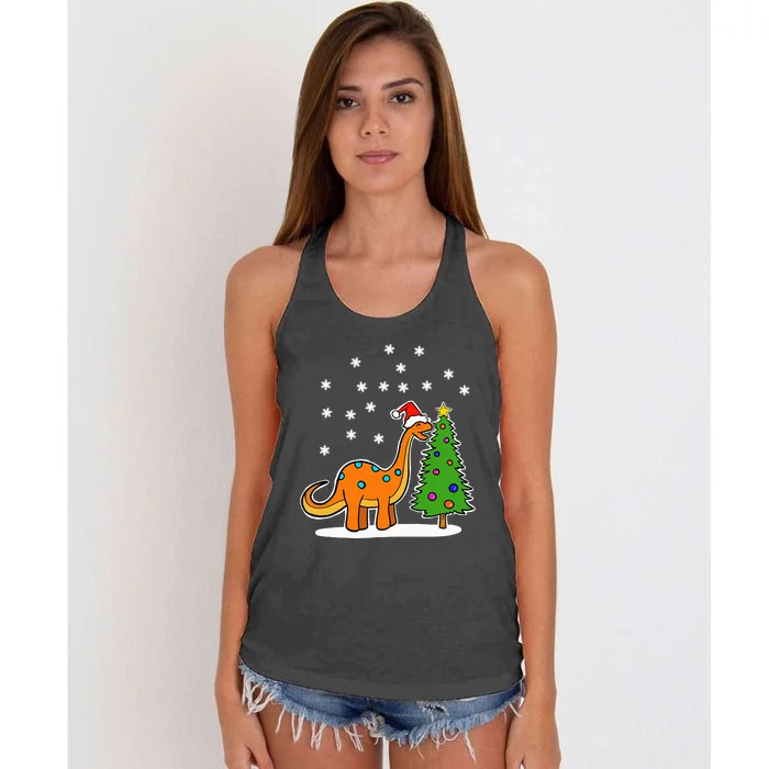 Christmas Brachiosaurus Dinosaur Eating A Christmas Tree Women's Knotted Racerback Tank