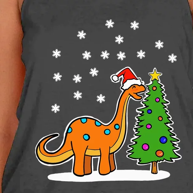 Christmas Brachiosaurus Dinosaur Eating A Christmas Tree Women's Knotted Racerback Tank