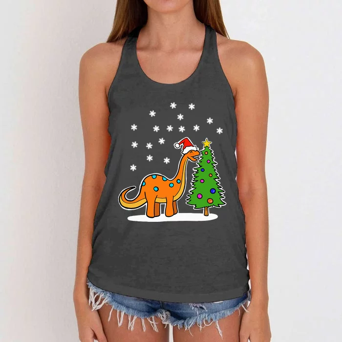 Christmas Brachiosaurus Dinosaur Eating A Christmas Tree Women's Knotted Racerback Tank