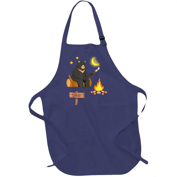 Cute Bear Enjoying Camping And Vacation With Fire Full-Length Apron With Pocket