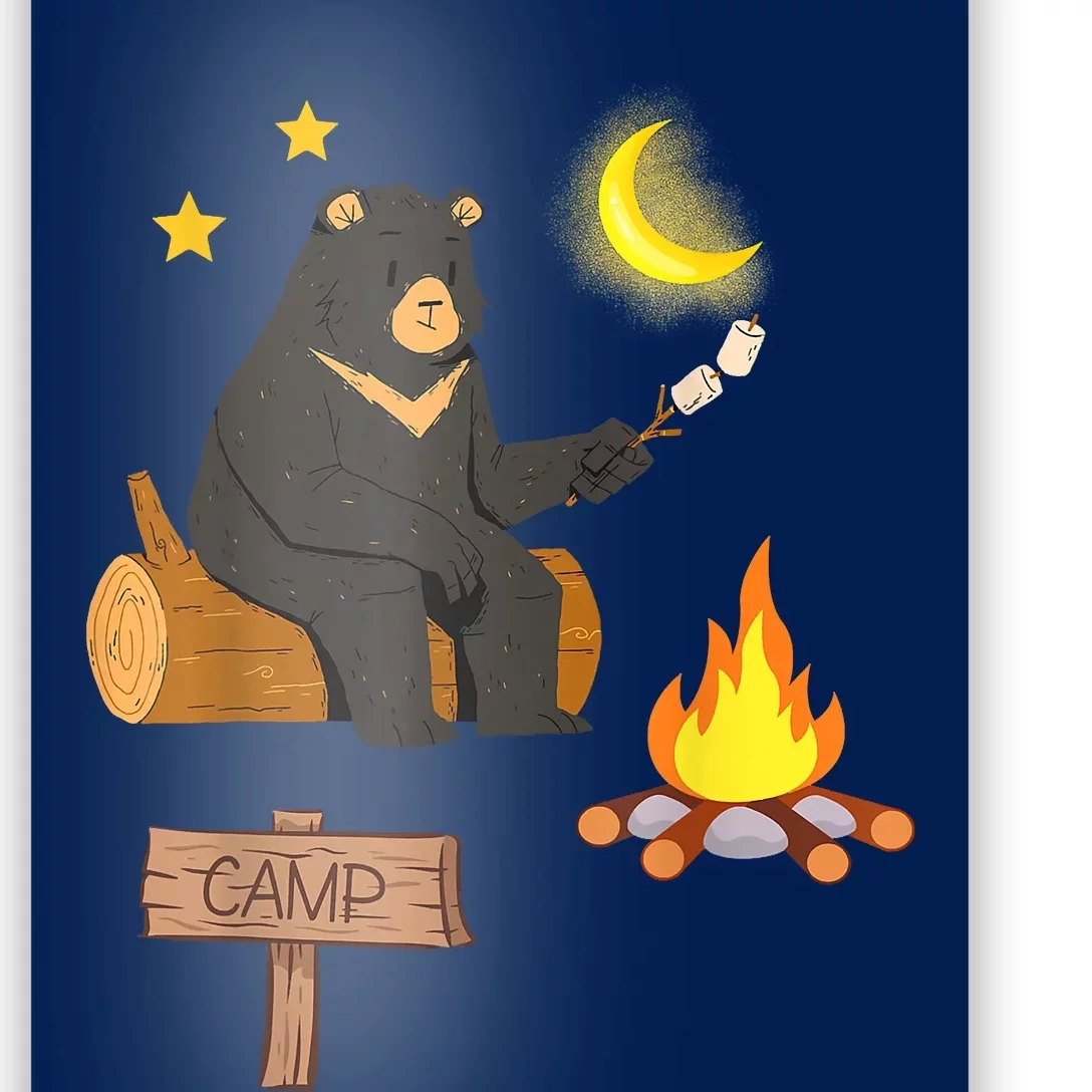 Cute Bear Enjoying Camping And Vacation With Fire Poster