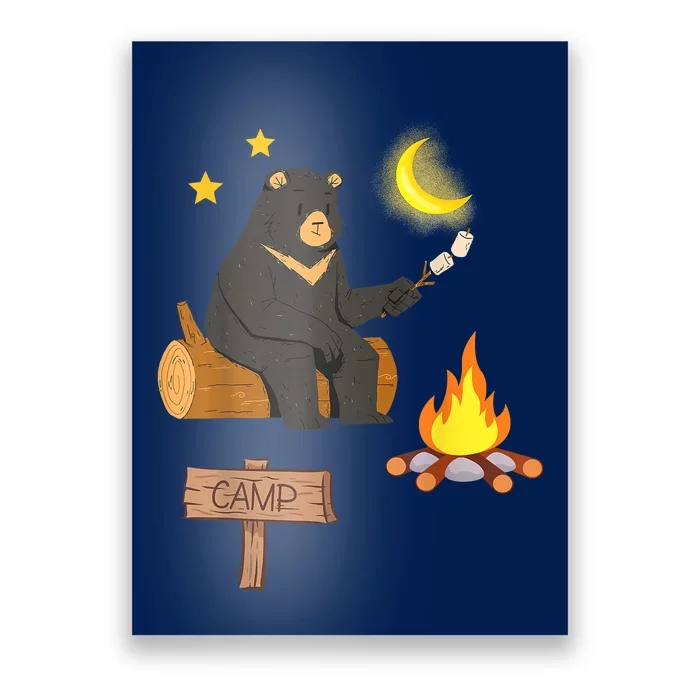 Cute Bear Enjoying Camping And Vacation With Fire Poster