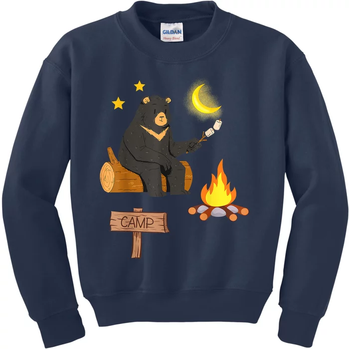 Cute Bear Enjoying Camping And Vacation With Fire Kids Sweatshirt