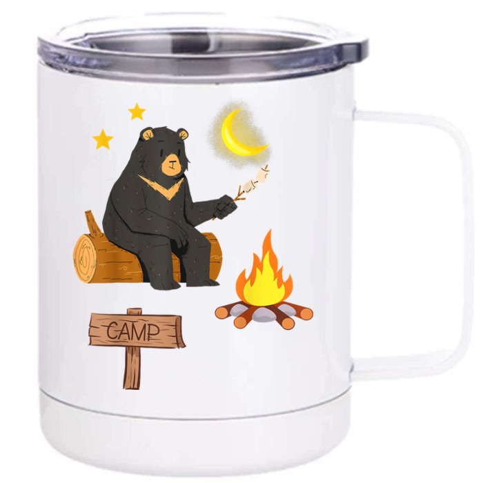 Cute Bear Enjoying Camping And Vacation With Fire Front & Back 12oz Stainless Steel Tumbler Cup