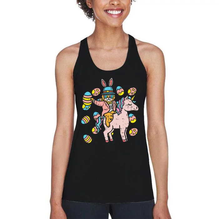 Cat Bunny Ears Eggs Riding Unicorn Easter Day Women's Racerback Tank