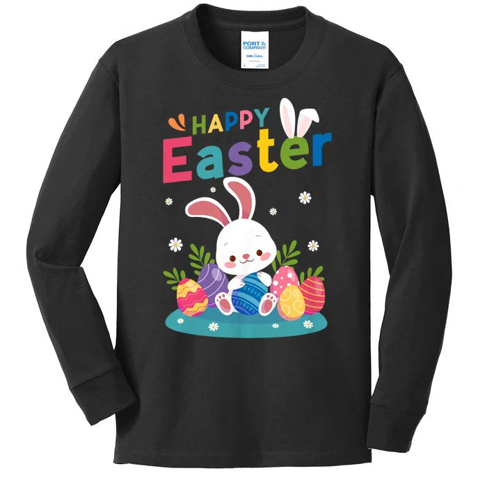 Cute Bunny Eggs Easter Camping Happy Easter Day 2024 Kids Long Sleeve Shirt