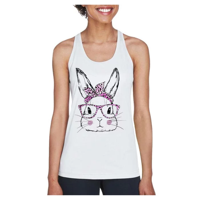 Cute Bunny Face Leopard Easter Day Glasses Women's Racerback Tank