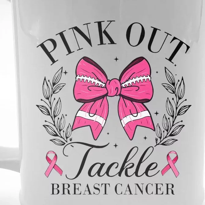 Coquette Bow Football Pin.K Out Tackle Breast Cancer Fight Front & Back Beer Stein