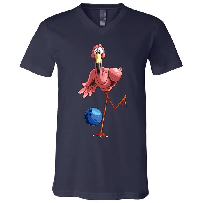 Cool Bowling Flamingo Funny Shorebirds Lover Player Gift V-Neck T-Shirt